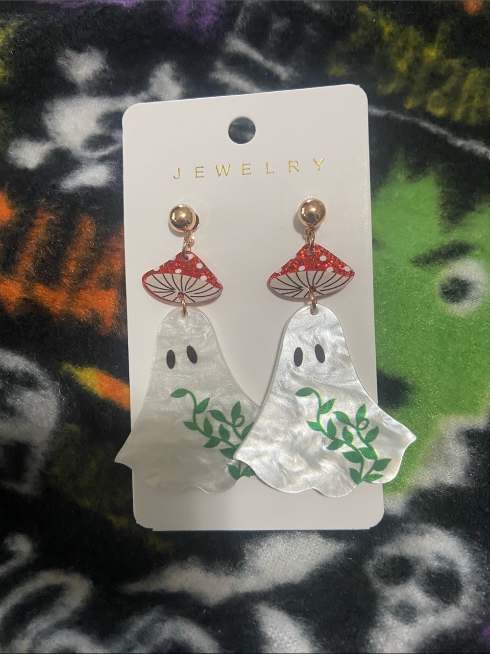 Whimsical White Ghost & Red Mushroom Drop Earrings